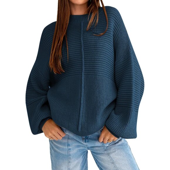 Sweaters - Womens Oversized Knit Sweater Viscose Nylon Polyester Batwing Sleeve Pullover